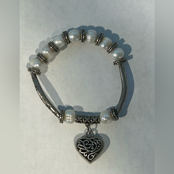 Brighton Jewelry - Brighton Pearl Spacer Silver Tone Stretch Heart Toggle Bracelet